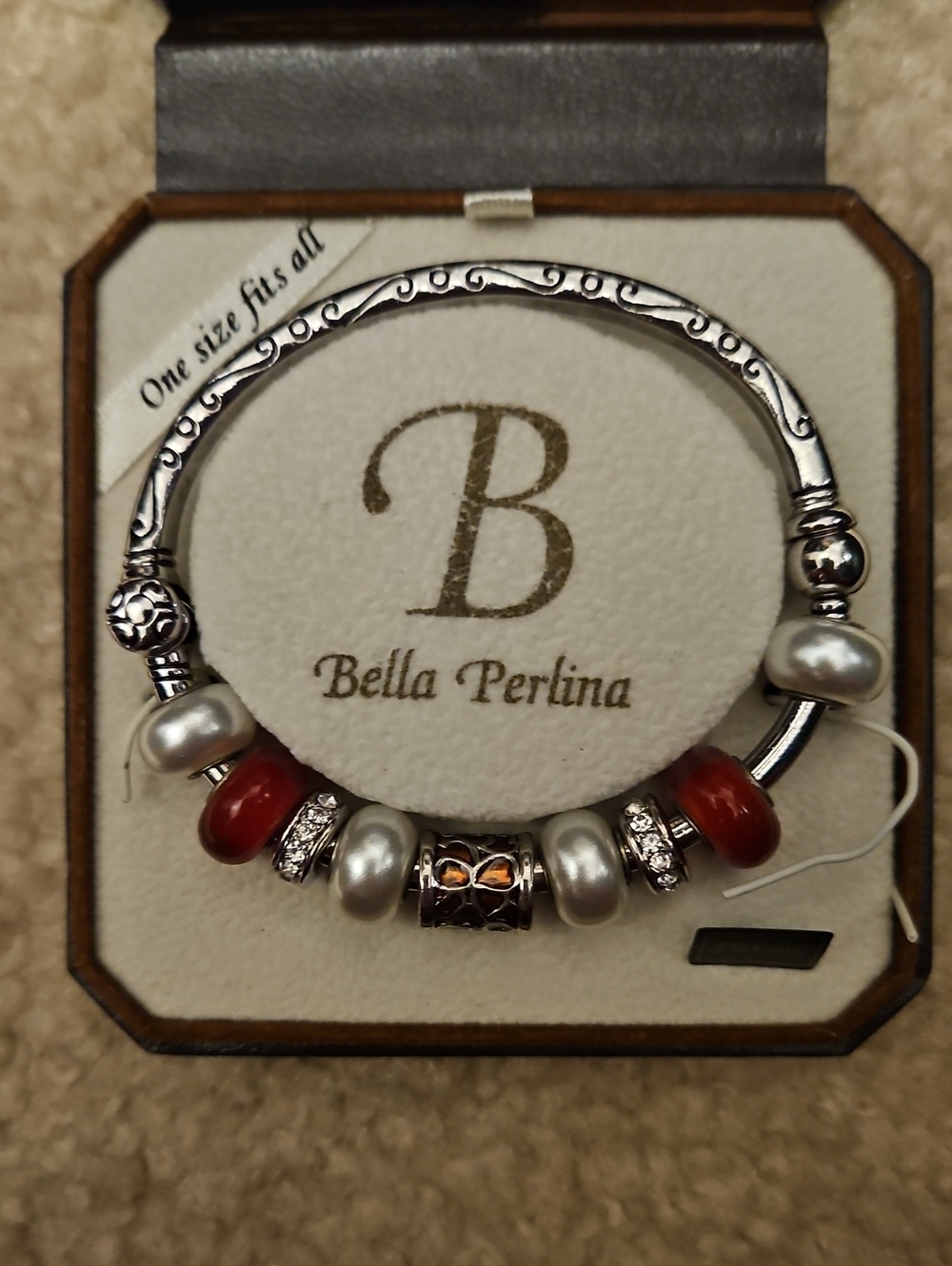 bella Perlina Silver-Tone Bracelet with Red and Pearl Beads